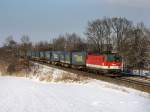 Die 1144 254 am 04.12.2010 mit dem LKW Walter KLV-Zug unterwegs bei Hilperting.