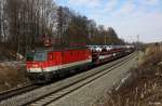 BB 1144 232 vor Ganzzug Autotransport Richtung Rosenheim, KBS 951 Mnchen - Rosenheim - Salzburg, fotografiert bei Gutmart zwischen Aling und Grokarolinenfeld am 25.02.2011