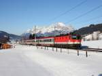 Die 1144 249 mit einem IC am 30.01.2016 unterwegs bei Fieberbrunn.