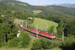 1144 Tandem 116+214 haben am Morgen des 8.6.16 mit G-55705 am Eichberg den Steinbauer-Tunnel verlassen.