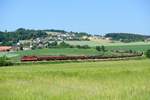 Da die 1144.120 ihren G 87553 vor dem Einfahrsignal von Gaisbach-Wartberg fast auf Schrittgeschwindigkeit abgebremst hat, war eine Motivvariation noch problemlos möglich und die stattliche Länge des Zuges wurde ersichtlich (Untergaisbach, 06. Juni 2015).