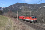 Kurz vor der Hst.Küb fahren 1144.082+1116.069 mit G-49417 und dem Schneeberg im Hintergrund.