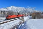 1216 143 und zwei weitere 1116 mit einem KLV am 14.02.2018 bei Thörl-Maglern.