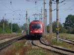 1216 238 mit einem Personenzug bei der Durchfahrt durch die Bahnhaltestelle Wien Sssenbrunn.