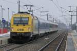 1216.210 durchfhrt mit dem EC 75  Franz Schubert  (Praha-Wr.Neustadt Hbf) am 10.02.2013 die Hst.