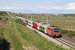 Ein buntes 4020 Tandem fährt als S-3 durch die Weinberge bei Pfaffstätten. 8.5.19