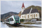 Stadler GTW 4062 003 von Übelbach nach Graz, am 1.2.2021 bei der Durchfahrt der Bedarfshaltestelle Übelbach Vormarkt.