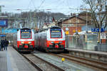 ODEG Kreuzung mit ÖBB Cityjet (Disiro ML) in Bergen auf Rügen an den Bahnsteigen 2 und 3.