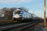 1116 007 EM Lnderlok  Griechenland  vor BB Eurocity 41  Lehar  von Wien nach Budapest, hier kurz vor Traumannsdorf an der Leitha am 22.11.2008.