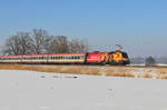 Die 1116 048-1  Niederösterreichischer Landesfeuerwehrverband  der ÖBB mit dem EC 113 bei Weisham in der Nähe von Prien am Chiemsee am 28.01.17