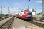 Der neue Werberailjet  ORF-Guten Morgen Österreich  1116.232 bei der Einfahrt in Wr.Neustadt Hbf.