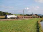 Railjet 1016 034 ist am 26.08.2008 mit einem  Gterzug in Wartberg/Krems durchgefahren.