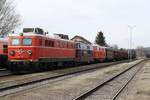 NLB 1110.505, RBAHN 2143 062-5, NLB 2413.56 und ARGE 1041.15 am 31.März 2018 in Mistelbach LB. 