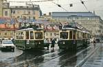 Am Jacominiplatz treffen sich im August 1986 die Grazer Triebwagen 205 und 247