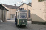 Graz GVB Triebwagen 212 (aus der Serie 201-250, SGP 1949-1952) Remise (I) / Straßenbahnbetriebsbahnhof Steyrergasse im Oktober 1979.