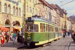 Graz Tw 552, ex Wuppertal 3809, am Hauptplatz, 11.09.1987.