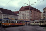 Linz ESG SL V (Lohner-GT6 67) / SL E (Grazer Waggonfabrik-Tw 23) / SL V (Grazer Waggonfabrik-Tw 29) Urfahr, Sonnensteinstraße am 16.