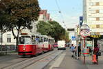 Wien Wiener Linien SL 6 (E2 4095 (SGP 1990) + c5 1495 (Bombardier-Rotax 1988)) X, Favoriten, Quellenstraße / Bernhardtstalgasse am 30.