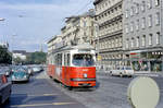 Wien: Die Wiener Straßenbahnen vor 50 Jahren: SL 58 (E 4457 (Lohnerwerke 1966)) I, Innere Stadt / VII, Neubau / VI, Mariahilf, Babenbergerstraße / Messeplatz / Mariahilfer Straße / Getreidemarkt am 28. August 1969. - Scan eines Farbnegativs. Film: Kodak Kodacolor X. Kamera: Kodak Retina Automatic II.