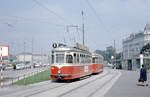 Wien: Die Wiener Straßenbahnen vor 50 Jahren: SL 8 (L4 542 + l3 - l3) VI, Mariahilfer Gürtel / Mariahilfer Straße am 1. September 1969. - Der Tw L4 542 wurde 1961 von SGP hergestellt. - Scan eines Diapositivs. Film: Kodak Ektachrome. Kamera: Canon Canonet QL28.