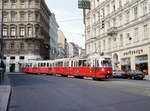 Wien Wiener Stadtwerke-Verkehrsbetriebe / Wiener Linien: Gelenktriebwagen des Typs E1: E1 4486 + c3 11** als SL 49 Burggasse / Breite Gasse (VII, Neubau) im August 1994.