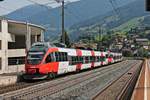 Nachschuss auf ÖBB 4024 025-1, als dieser am 03.07.2018 zusammen mit ÖBB 4024 094-7 als REX (Brenner/Brennero - Innsbruck Hbf/Wörgl Hbf) aus dem Bahnhof von Matrei am Brenner in