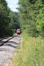 Die Burgenlandbahn verlt hier das Stoobertal und fhrt hier bergauf zur hchsten Stelle der Burgenlandbahn zwischen Markt St.Martin und Lackenbach durch einen Wald,Juli 2012