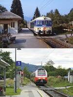 Zwischen Sattendorf und Bodensdorf liegt der Haltepunkt St. Urban direkt am Ossiacher See. Mitte der 1980er Jahre waren hier noch die früheren  Transalpin -Schnellverkehrstriebwagen der Reihe 4130, die einmal Wien und Zürich verbanden, aber auch zwischen Klagenfurt und München verkehrten, im Regionalverkehr anzutreffen, hier der 4130.02 mit dem führenden Steuerwagen 6130.02. Wie der Vergleich mit der unteren Aufnahme und dem 4746 044 (22.08.2022) zeigt, ist auch hier der handbediente Bahnübergang durch eine Lichtzeichenanlage ersetzt worden, leider wurde dabei auch das kleine Stationsgebäude mit dem gemütlichen Bahnhofsbuffet abgerissen.