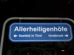 Haltestellenschild Allerheiligenhfe an der Mittenwaldbahn, nahe Innsbruck.