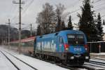 BB 1016 023  Kyoto  mit dem EC 113 (Frankfurt/Main Hbf-Klagenfurt Hbf) bei der Durchfahrt in Salzburg-Aigen  am 9.2.2013