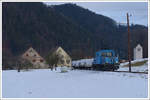 E3 am 1.2.2021 mit dem einzigen beladenen Zug von Breitenau nach Mixnitz an diesem Tag, aufgenommen in Mautstatt, kurz vor dem Zielbahnhof.