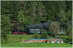 DR 99 568 (Pressnitztalbahn) zu Gast bei der Ybbstalbahn Bergstrecke (ÖGLB) kurz nach Verlassen des Ortsgebietes von Lunz, 10.