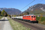 Die 1110.505 bringt den vollbesetzten,aus 15 Wagen bestehenden S.Z.-16454 aus Ungarn im herbstlichen Payerbach über den Semmering.