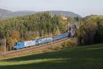 1216 910 und 1216 922 sind am 27.10.2014 mit einem Güterzug bei der Steinbauerwiese nahe dem Bahnhof Eichberg unterwegs.