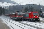 187 009 und 1116 200 nebeneinander im Bahnhof Breitenstein am 29.12.2014.