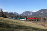 Herrlichstes Winterwetter am Eichberg,mit Rax und Schneeberg und den bergwärts fahrenden RJ-71 mit 1216.231 am 25.2.17