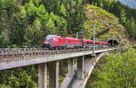 1116 121-3 fährt mit dem railjet 793 (Klagenfurt Hbf - Flughafen Wien (VIE)) über die Kaponiggraben-Brücke bei Obervellach.