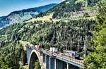 DISPO 193 662-4 (Derzeit für Lokomotion im Einsatz) überquert mit einem KLV, die Pfaffenberg-Zwenberg-Brücke bei Penk.
Aufgenommen am 30.6.2019.