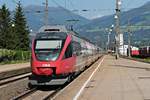 Nachschuss auf ÖBB 4024 059-0 am Nachmittag des 02.07.2018 als dieser als REX nach Wörgl Hbf zusammen mit ÖBB 4024 075-6 als REX nach Hochfilzen aus dem Bahnhof von Fritzens-Wattens