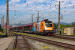 Der mittlerweile etwas ältere Neuzugang an Werbelok bei der ÖBB  Steinach we are Pool  am 1.7.20 in Dornbirn.