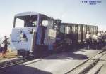 999.105  Almrausch  mit grnen Wagen im Sommer 1983 in der Gipfelstation Schafbergspitze.