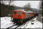 RTS 239977 hat mit einem schweren Schrottzug am 19.2.2016 um 13.18 Uhr den Scheitelpunkt der Hüttenbahn am Ortsrand von Holzhausen erreicht.