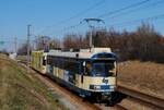 Tw.114 + 414 auf der Fahrt nach Baden kurz hinter der Haltestelle Neu Guntramsdorf.