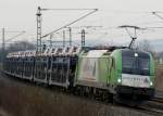 1216 954  HDLMAYR  der Wiener Lokalbahn mit einen Dacia-Autozug bei Iphofen am 29.03.2012 