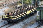 Zum Radsatztransportwagen umgebauter, aber mit der alten Bezeichnung,  บ.ท.ต. 28018 (บทต = B.C.F./Bogie Container Flat Wagon) am 17.April 2026 im Depot Chumphon.
