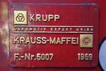 Fabriksschild der Krupp 3118 (B'B', dh, Krupp, Bauj.1969, Fab.Nr.5007), aufgenommen am 22.Juni 2019 im Depot Thon Buri. 