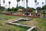 Rund um das Reisfeld hinter dem Na Pathom Cafe an der Road 347 in Pathum Thani kann man um 60,- Baht (ca. EUR 1,70) 2 Runden mit einer batteriebetriebenen Gartenbahn fahren. Bild vom 27.April 2023.