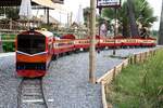 Rund um das Reisfeld hinter dem Na Pathom Cafe an der Road 347 in Pathum Thani kann man um 60,- Baht (ca. EUR 1,70) 2 Runden mit einer batteriebetriebenen Gartenbahn fahren. Bild vom 27.April 2023.