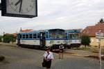 CD 809 179-5 als Os 14521 von Zajeci und CD 809 358-5 als Os 14502 von Hodonin am 15.August 2018 im baustellenbedingten Endbahnhof Kobyli na Morave.