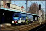 Der moderne Dieseltriebwagen 844001, ein sogenannter RegioShark, ist hier am 22.2.2018 im Bahnhof Cheb angekommen.Er fuhr wenig später weiter nach Marianske Lazne.